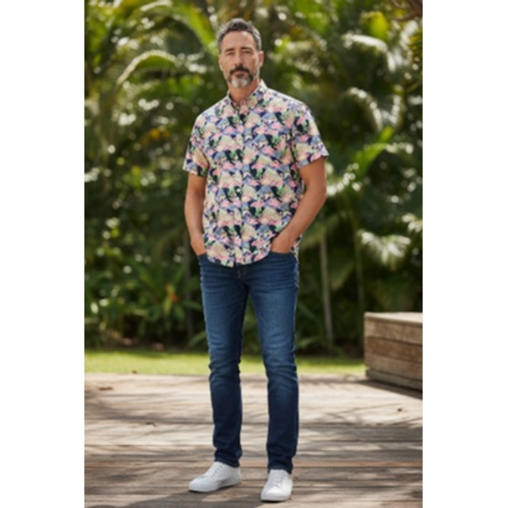 Massive Shirt Mens Medium Navy Pink Flamingo Tropical‎ Button Down Short Sleeve